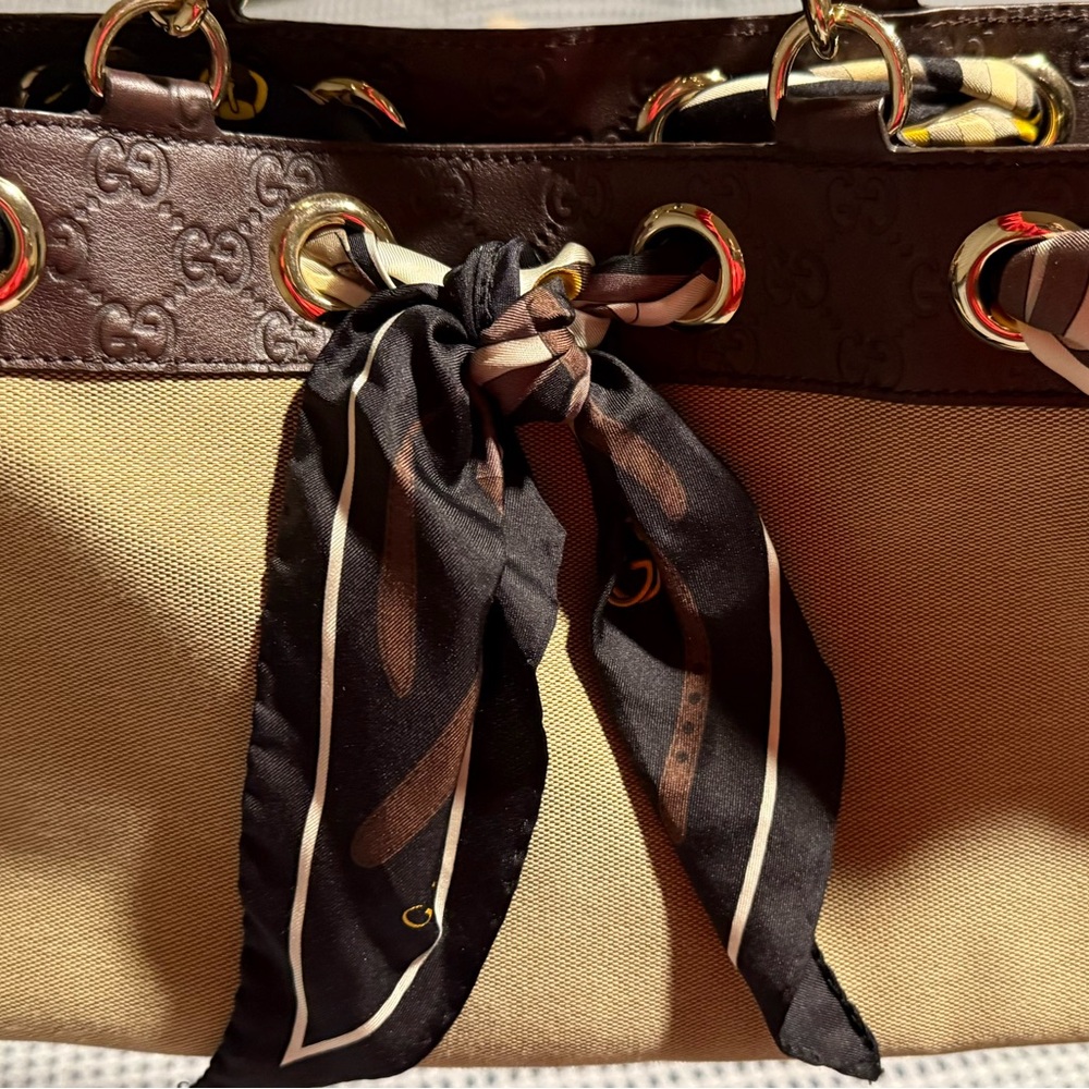 Gucci Brown and Tan Tote Bag with Scarf